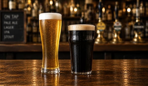 lager and stout beers on a rustic timber bar