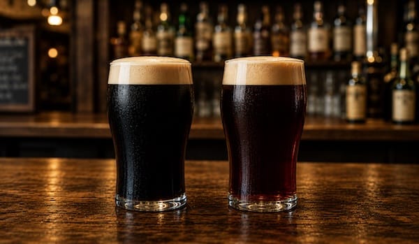 stout and porter beers on a rustic timber bar