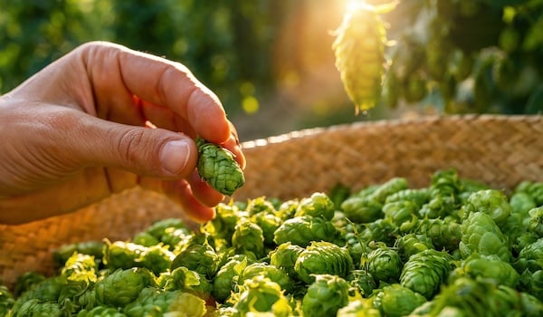 Close-up of Citra hop cones, green and fresh, in a basket and a hop farmers hand